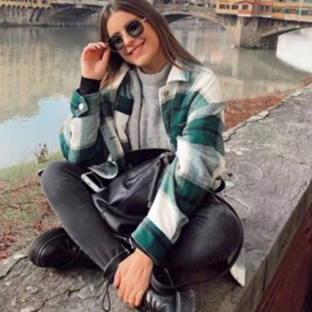 Plaid Stripe Oversized Flannel Shirt Shacket green - Picture 9 of 16